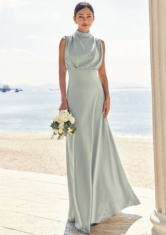 A-line High-Neck Sleeveless Floor-Length Stretch Satin Bridesmaid Dresses Ireland DEP0025252