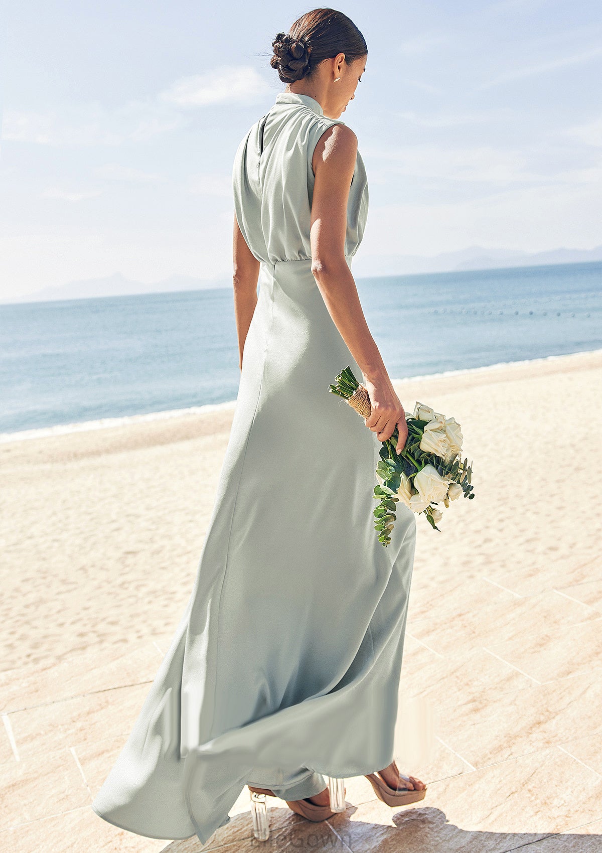 A-line High-Neck Sleeveless Floor-Length Stretch Satin Bridesmaid Dresses Ireland DEP0025252