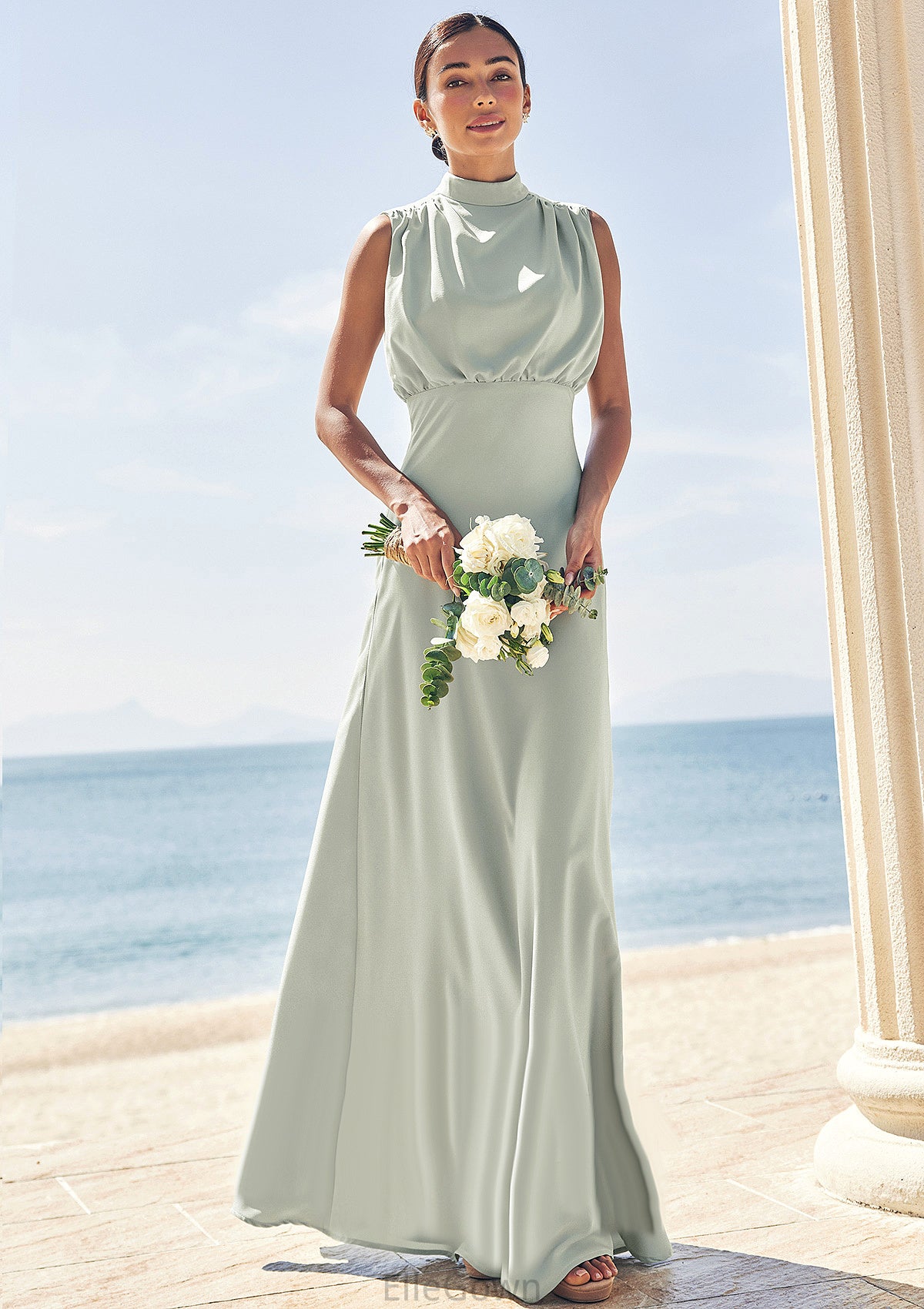 A-line High-Neck Sleeveless Floor-Length Stretch Satin Bridesmaid Dresses Ireland DEP0025252