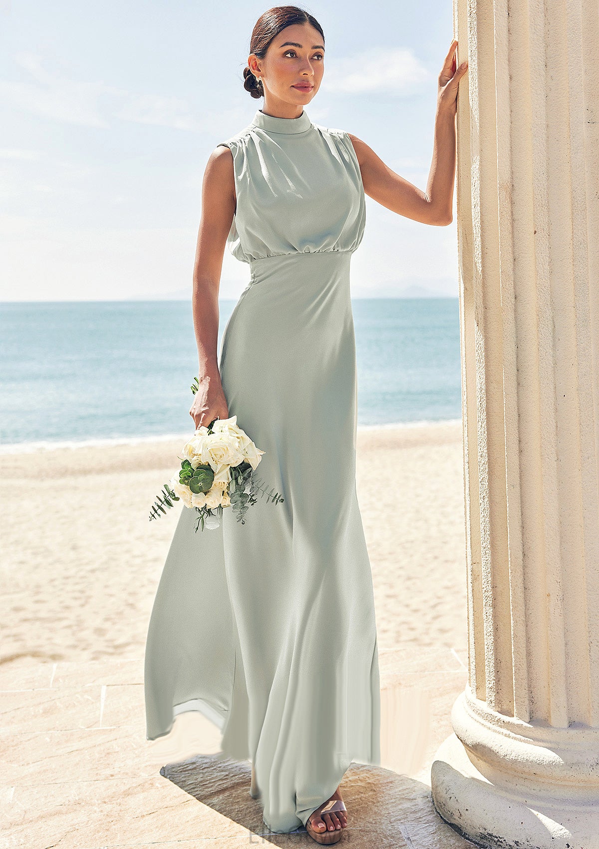 A-line High-Neck Sleeveless Floor-Length Stretch Satin Bridesmaid Dresses Ireland DEP0025252