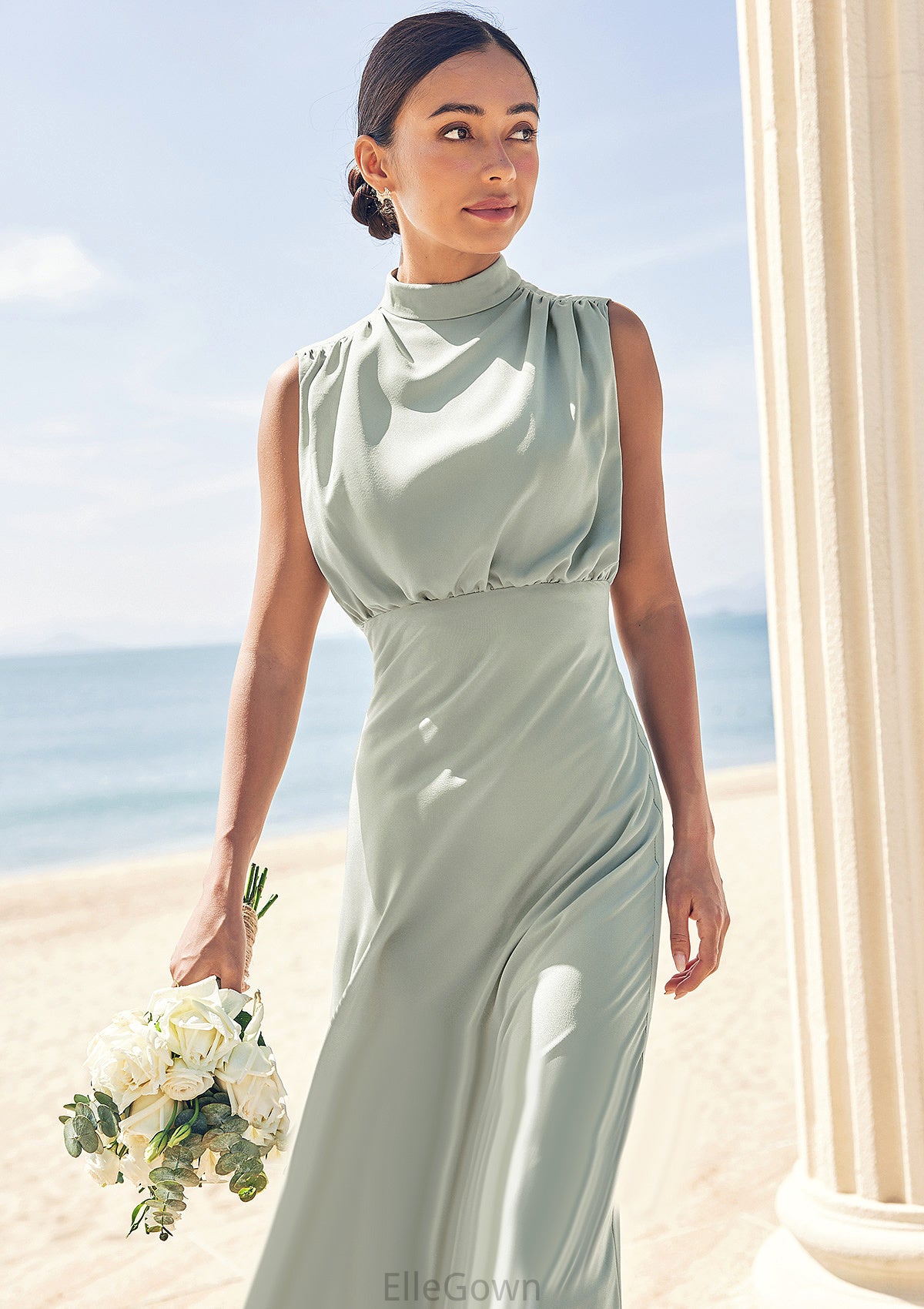 A-line High-Neck Sleeveless Floor-Length Stretch Satin Bridesmaid Dresses Ireland DEP0025252