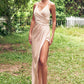 Sheath/Column V Neck Sleeveless Asymmetrical Stretch Satin Bridesmaid Dresses with Pleated Split Payten DEP0025253