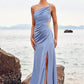 Trumpet/Mermaid One-Shoulder Sleeveless Floor-Length Stretch Satin Bridesmaid Dresses with Pleated Split Silvia DEP0025254