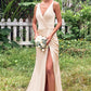 Trumpet/Mermaid V Neck Sleeveless Floor-Length Stretch Satin Bridesmaid Dresses with Pleated Split Ayla DEP0025255