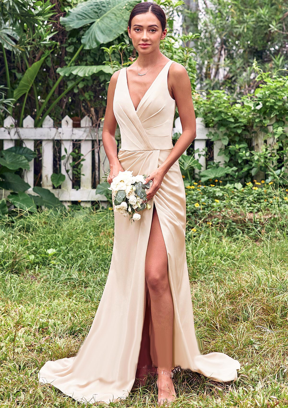 Trumpet/Mermaid V Neck Sleeveless Floor-Length Stretch Satin Bridesmaid Dresses with Pleated Split Ayla DEP0025255