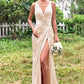 Trumpet/Mermaid V Neck Sleeveless Floor-Length Stretch Satin Bridesmaid Dresses with Pleated Split Ayla DEP0025255