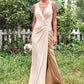 Trumpet/Mermaid V Neck Sleeveless Floor-Length Stretch Satin Bridesmaid Dresses with Pleated Split Ayla DEP0025255