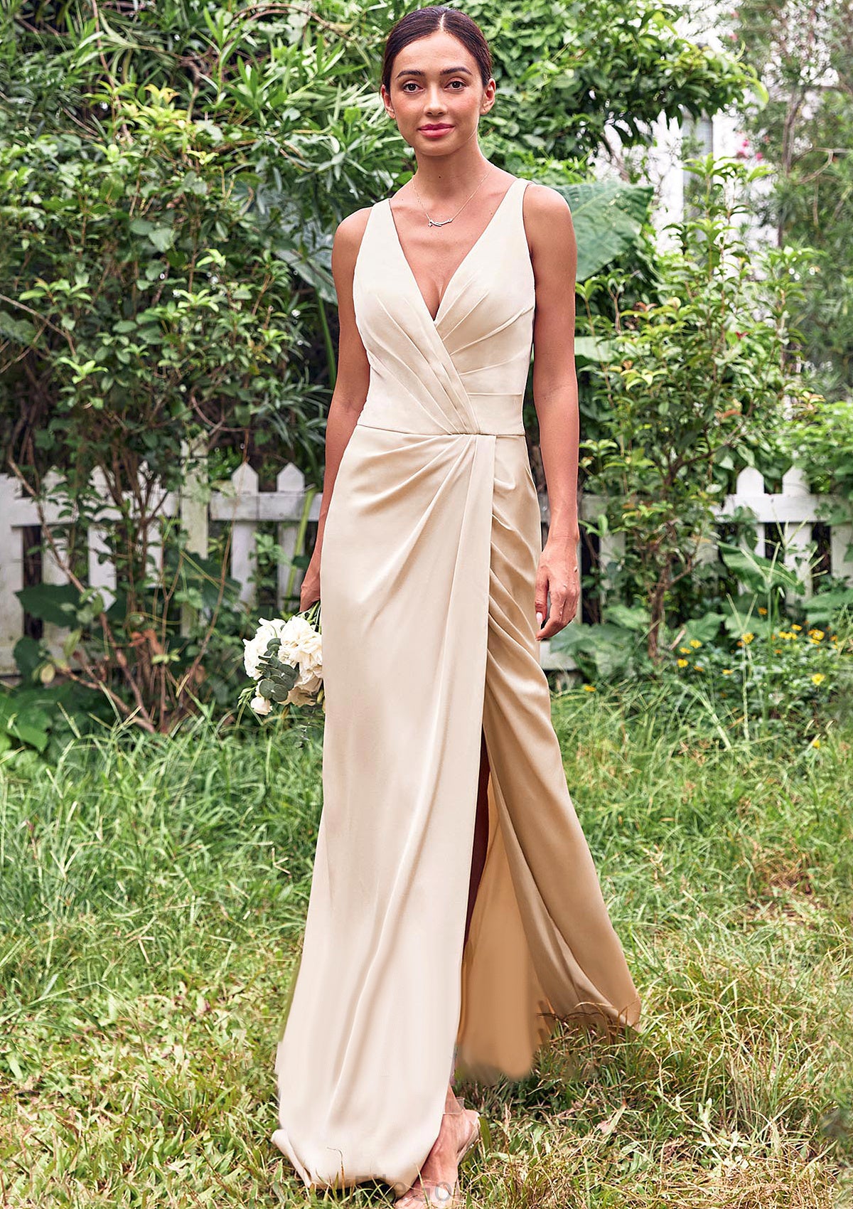 Trumpet/Mermaid V Neck Sleeveless Floor-Length Stretch Satin Bridesmaid Dresses with Pleated Split Ayla DEP0025255