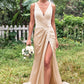 Trumpet/Mermaid V Neck Sleeveless Floor-Length Stretch Satin Bridesmaid Dresses with Pleated Split Ayla DEP0025255