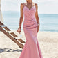 Trumpet/Mermaid V Neck Sleeveless Floor-Length Stretch Satin Bridesmaid Dresses with Pleated Gracie DEP0025256