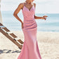 Trumpet/Mermaid V Neck Sleeveless Floor-Length Stretch Satin Bridesmaid Dresses with Pleated Gracie DEP0025256