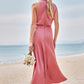 Sheath/Column High-Neck Sleeveless Tea-Length Stretch Satin Bridesmaid Dresses with Pleated Lexi DEP0025257