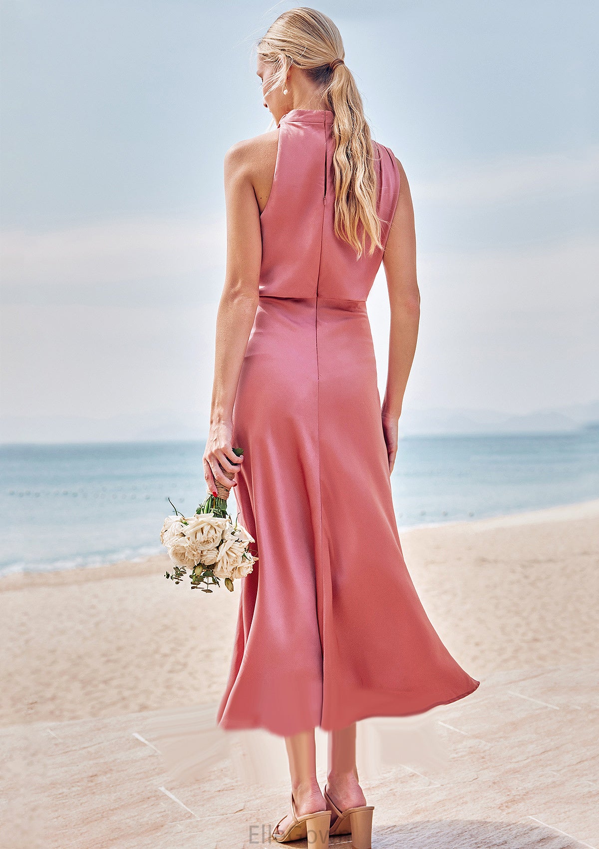 Sheath/Column High-Neck Sleeveless Tea-Length Stretch Satin Bridesmaid Dresses with Pleated Lexi DEP0025257