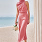 Sheath/Column High-Neck Sleeveless Tea-Length Stretch Satin Bridesmaid Dresses with Pleated Lexi DEP0025257