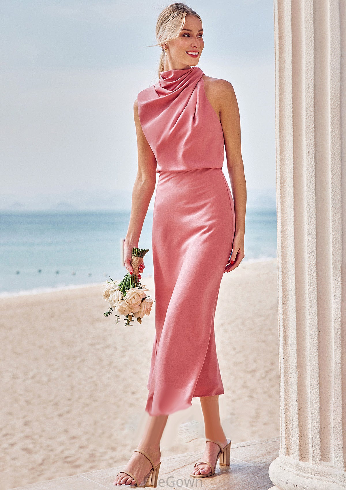 Sheath/Column High-Neck Sleeveless Tea-Length Stretch Satin Bridesmaid Dresses with Pleated Lexi DEP0025257