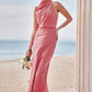 Sheath/Column High-Neck Sleeveless Tea-Length Stretch Satin Bridesmaid Dresses with Pleated Lexi DEP0025257