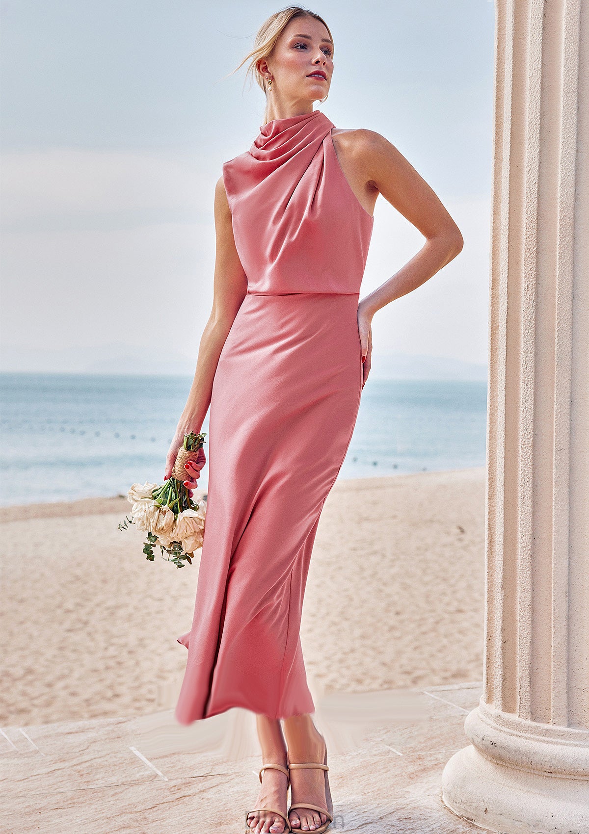 Sheath/Column High-Neck Sleeveless Tea-Length Stretch Satin Bridesmaid Dresses with Pleated Lexi DEP0025257