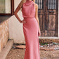 Sheath/Column High-Neck Sleeveless Tea-Length Stretch Satin Bridesmaid Dresses with Pleated Lexi DEP0025257