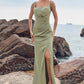 Sheath/Column Square Neckline Sleeveless Floor-Length Stretch Satin Bridesmaid Dresses with Pleated Split Armani DEP0025258