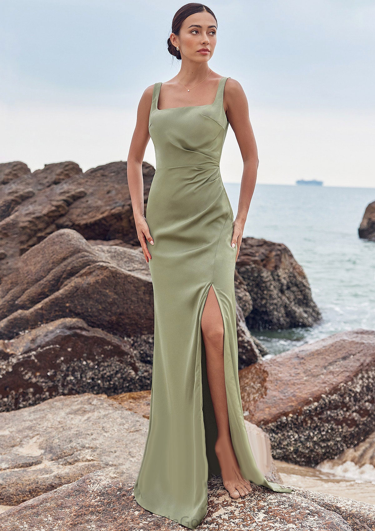 Sheath/Column Square Neckline Sleeveless Floor-Length Stretch Satin Bridesmaid Dresses with Pleated Split Armani DEP0025258