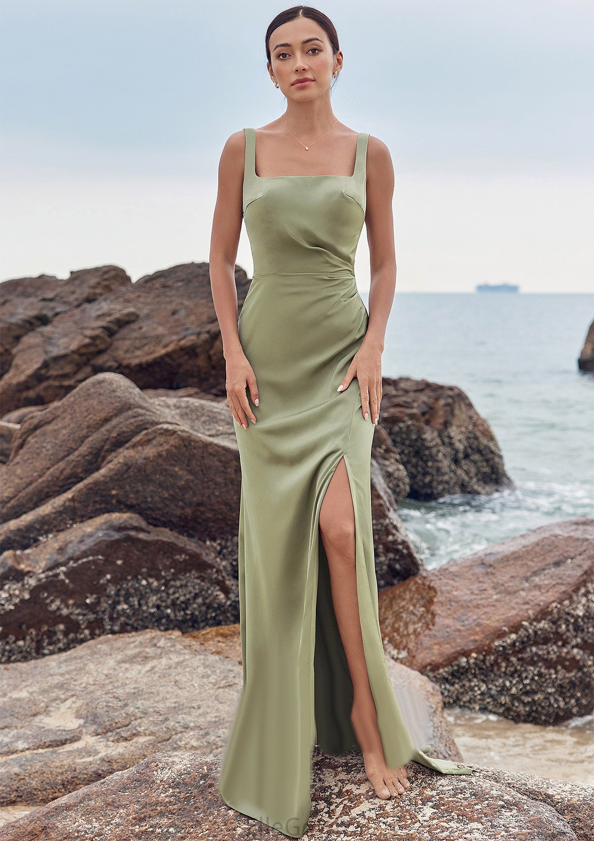 Sheath/Column Square Neckline Sleeveless Floor-Length Stretch Satin Bridesmaid Dresses with Pleated Split Armani DEP0025258