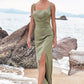 Sheath/Column Square Neckline Sleeveless Floor-Length Stretch Satin Bridesmaid Dresses with Pleated Split Armani DEP0025258