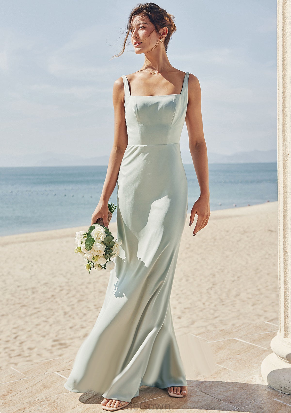 Sheath/Column Square Neckline Sleeveless Floor-Length Stretch Satin Bridesmaid Dresses Mackenzie DEP0025262