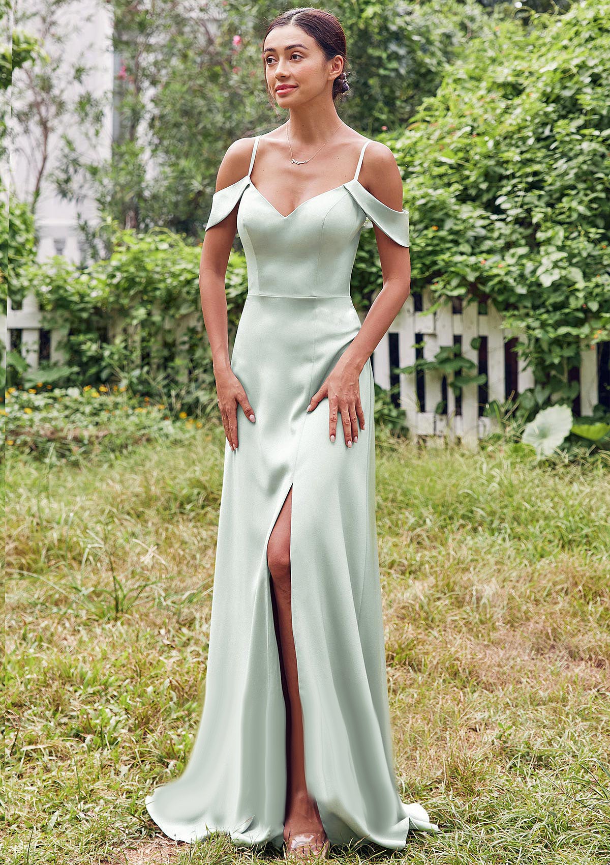 A-line V Neck Sleeveless Floor-Length Stretch Satin Bridesmaid Dresses with Split Tricia DEP0025263