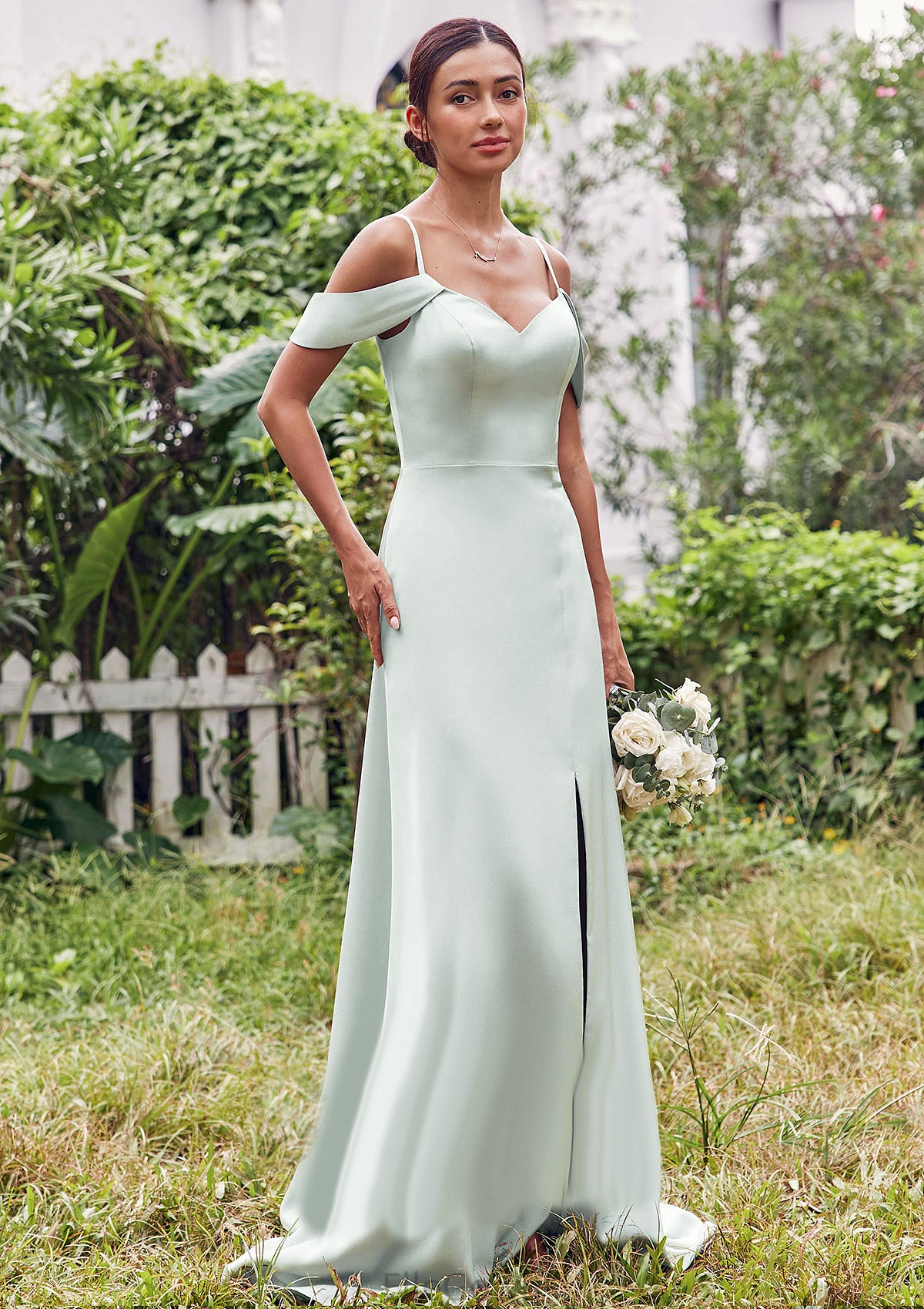 A-line V Neck Sleeveless Floor-Length Stretch Satin Bridesmaid Dresses with Split Tricia DEP0025263