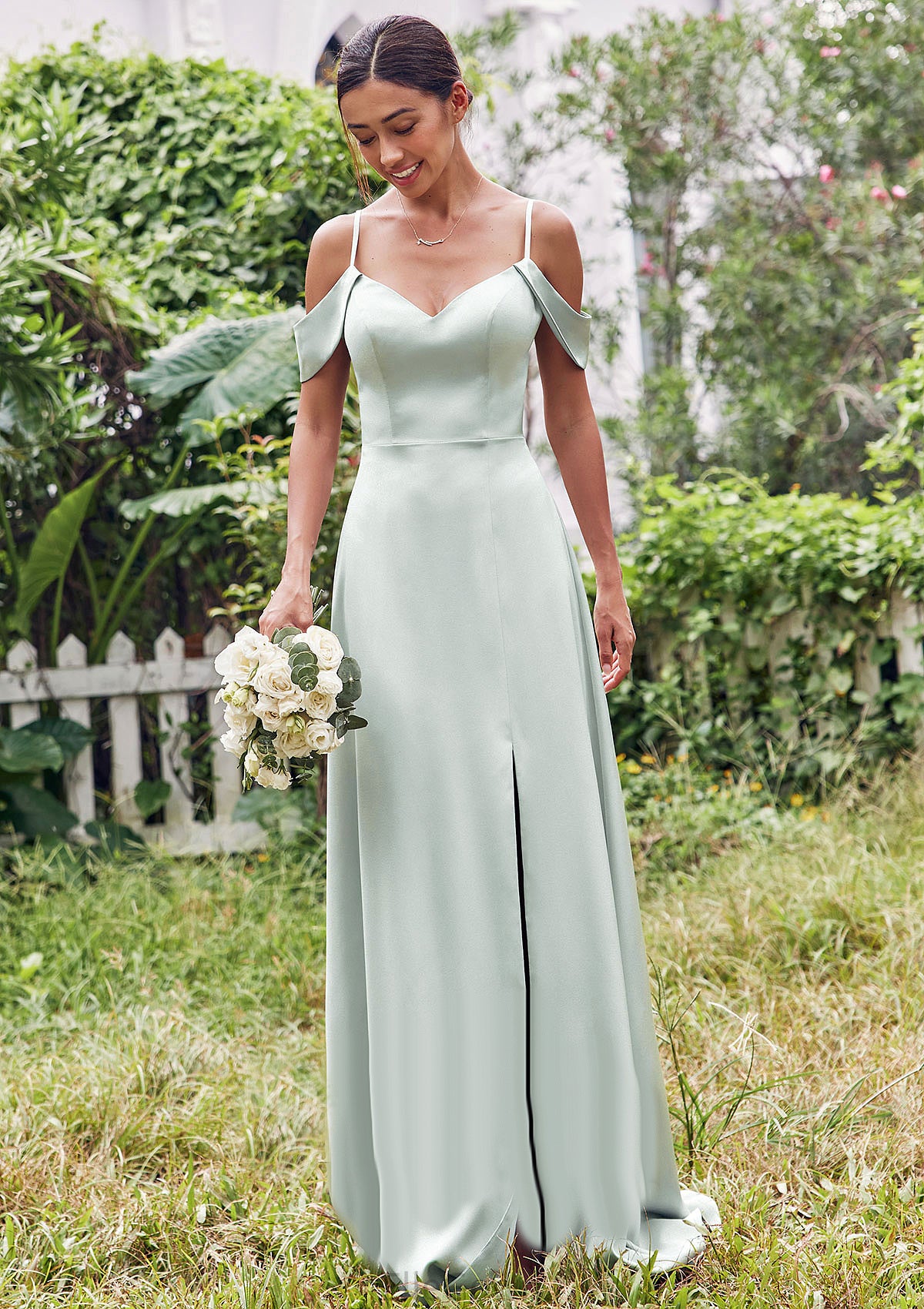 A-line V Neck Sleeveless Floor-Length Stretch Satin Bridesmaid Dresses with Split Tricia DEP0025263