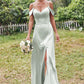 A-line V Neck Sleeveless Floor-Length Stretch Satin Bridesmaid Dresses with Split Tricia DEP0025263