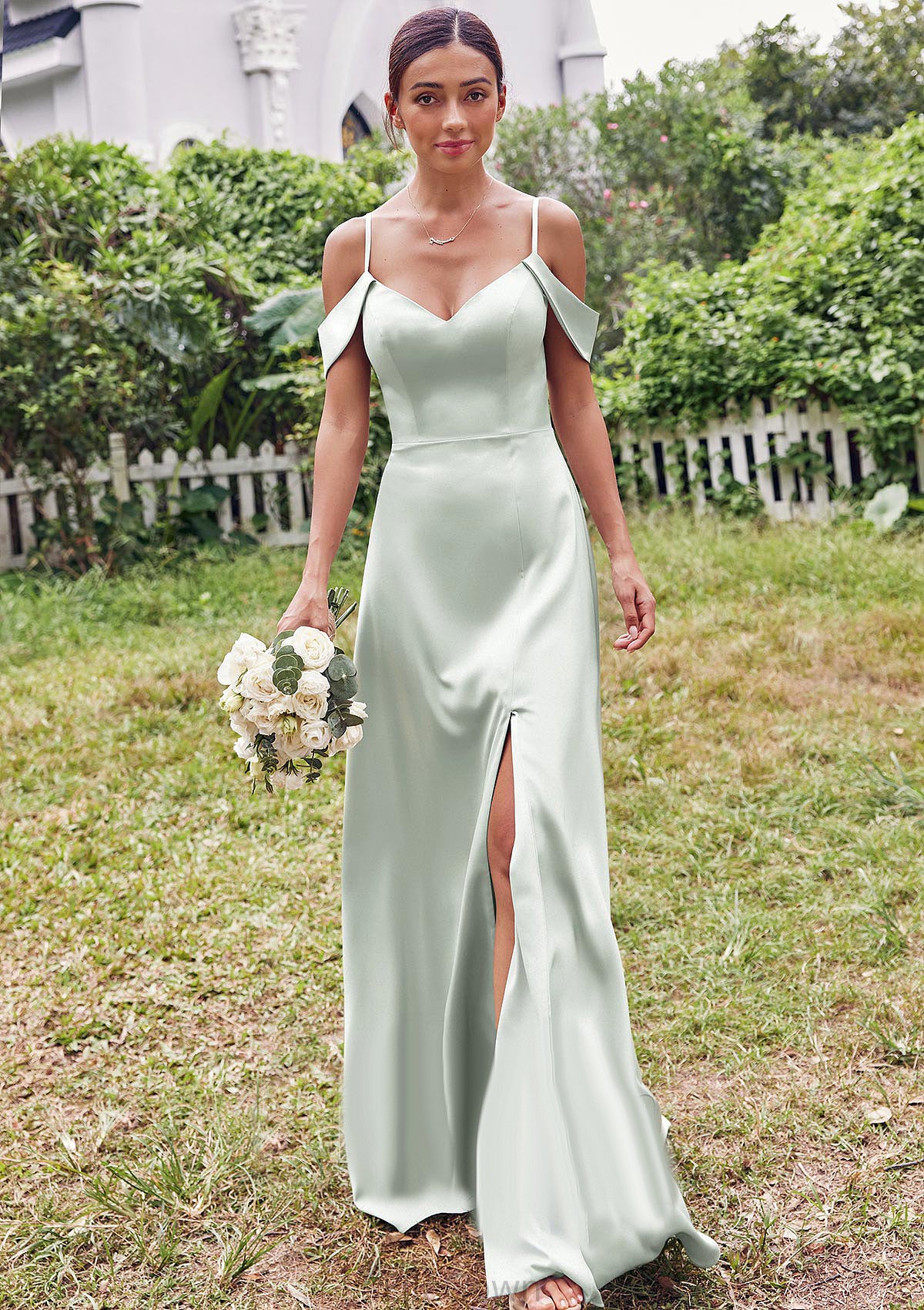 A-line V Neck Sleeveless Floor-Length Stretch Satin Bridesmaid Dresses with Split Tricia DEP0025263