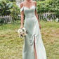 A-line V Neck Sleeveless Floor-Length Stretch Satin Bridesmaid Dresses with Split Tricia DEP0025263