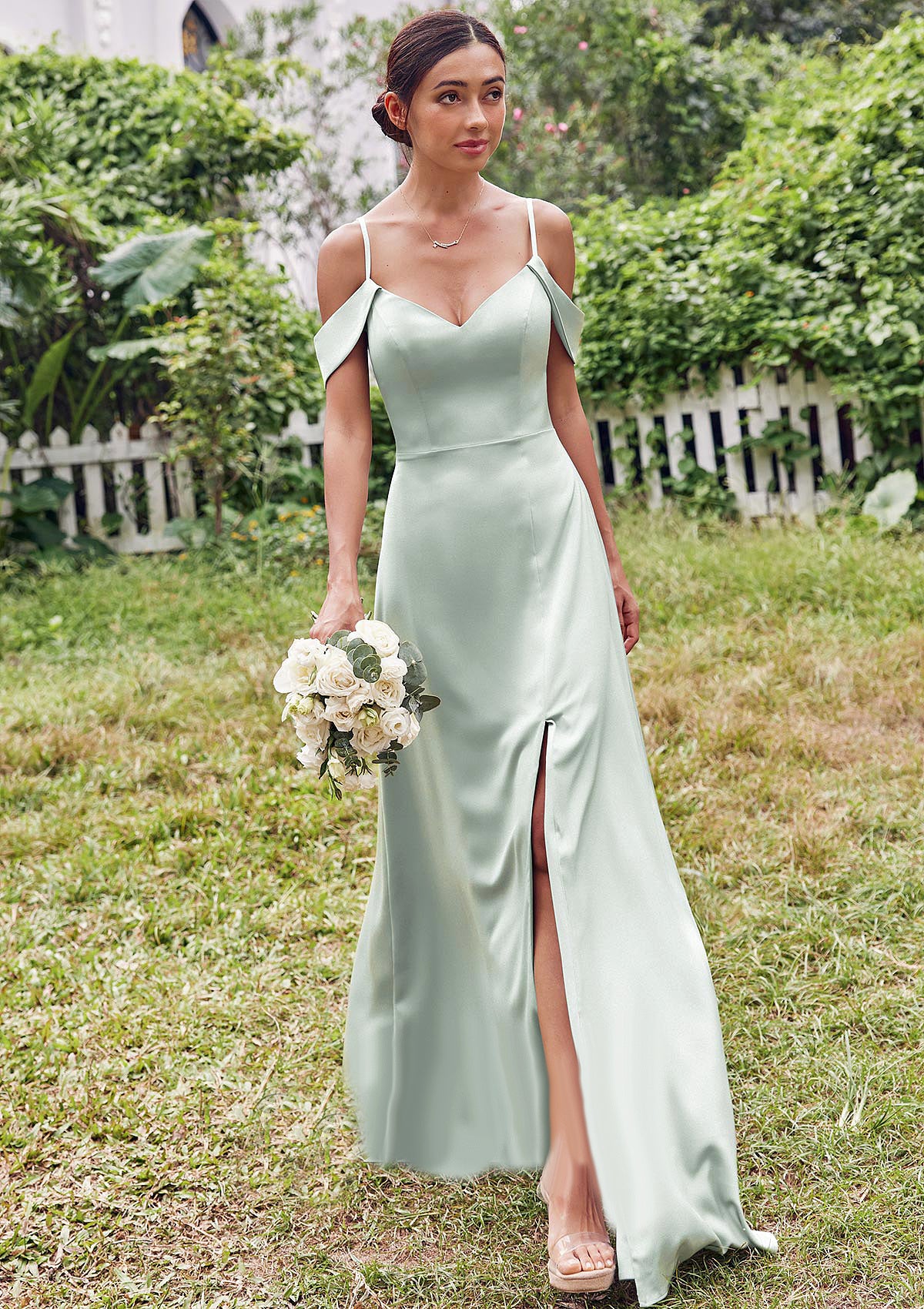 A-line V Neck Sleeveless Floor-Length Stretch Satin Bridesmaid Dresses with Split Tricia DEP0025263