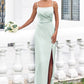 Sheath/Column Square Neckline Sleeveless Floor-Length Stretch Satin Bridesmaid Dresses with Pleated Split Cara DEP0025264