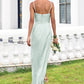 Sheath/Column Square Neckline Sleeveless Floor-Length Stretch Satin Bridesmaid Dresses with Pleated Split Cara DEP0025264