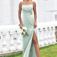 Sheath/Column Square Neckline Sleeveless Floor-Length Stretch Satin Bridesmaid Dresses with Pleated Split Cara DEP0025264