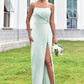 Sheath/Column Square Neckline Sleeveless Floor-Length Stretch Satin Bridesmaid Dresses with Pleated Split Cara DEP0025264