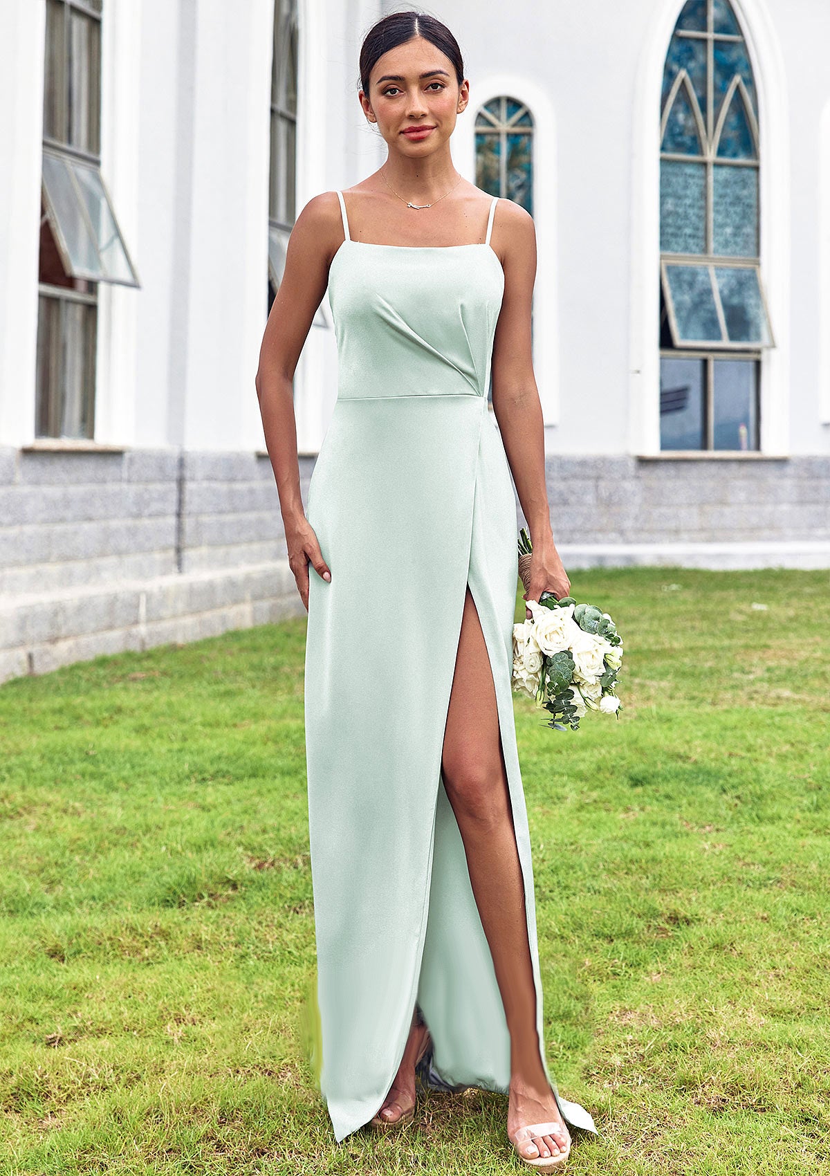 Sheath/Column Square Neckline Sleeveless Floor-Length Stretch Satin Bridesmaid Dresses with Pleated Split Cara DEP0025264