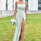 Sheath/Column Square Neckline Sleeveless Floor-Length Stretch Satin Bridesmaid Dresses with Pleated Split Cara DEP0025264