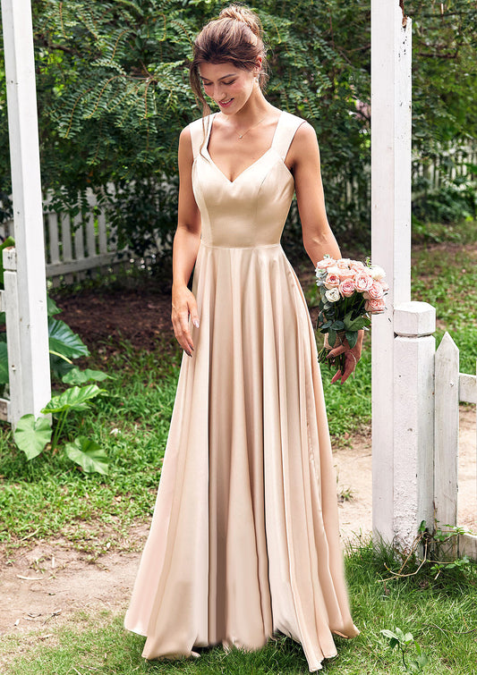 A-line V Neck Sleeveless Floor-Length Stretch Satin Bridesmaid Dresses with Pleated Viola DEP0025266