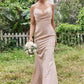 Sheath/Column V Neck Sleeveless Floor-Length Stretch Satin Bridesmaid Dresses with Pleated Ida DEP0025267