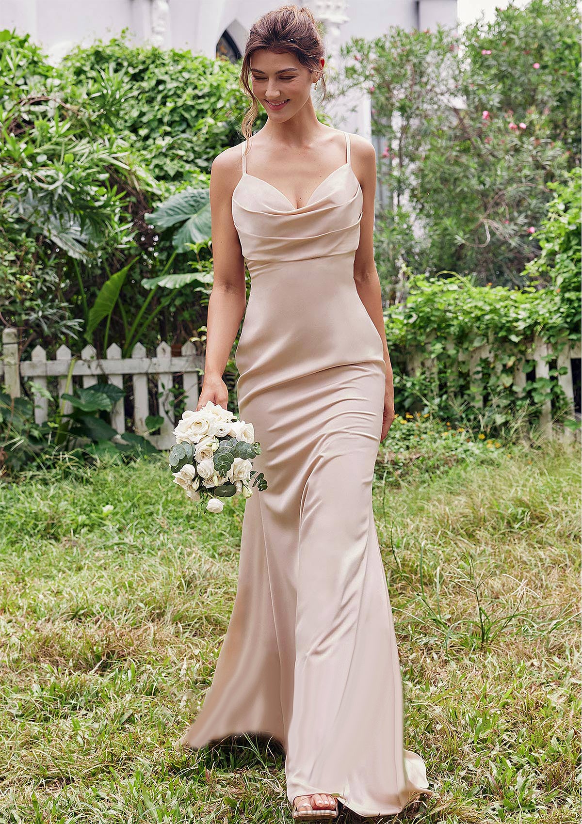 Sheath/Column V Neck Sleeveless Floor-Length Stretch Satin Bridesmaid Dresses with Pleated Ida DEP0025267