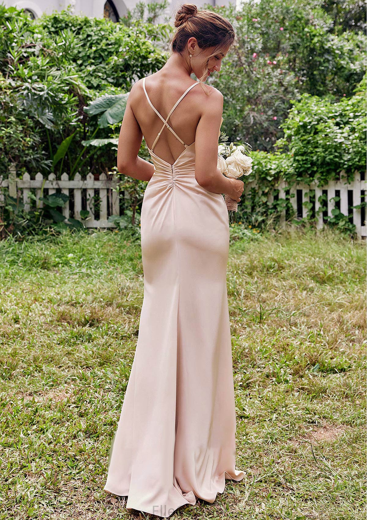 Sheath/Column V Neck Sleeveless Floor-Length Stretch Satin Bridesmaid Dresses with Pleated Ida DEP0025267