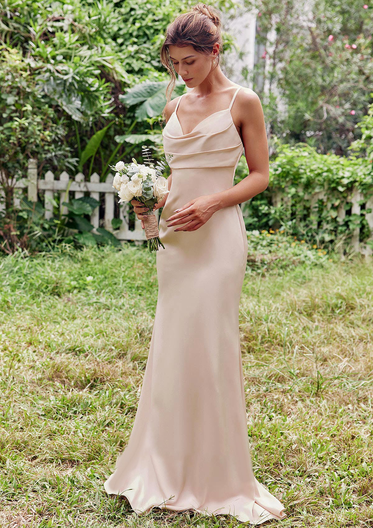 Sheath/Column V Neck Sleeveless Floor-Length Stretch Satin Bridesmaid Dresses with Pleated Ida DEP0025267