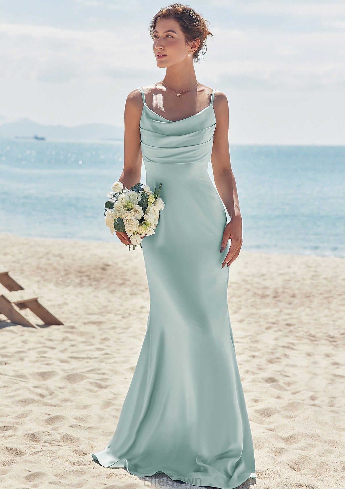 Sheath/Column V Neck Sleeveless Floor-Length Stretch Satin Bridesmaid Dresses with Pleated Carolyn DEP0025268