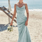 Sheath/Column V Neck Sleeveless Floor-Length Stretch Satin Bridesmaid Dresses with Pleated Carolyn DEP0025268