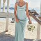 Sheath/Column V Neck Sleeveless Floor-Length Stretch Satin Bridesmaid Dresses with Pleated Carolyn DEP0025268