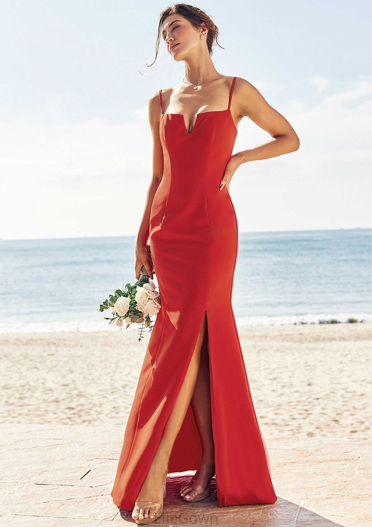 Trumpet/Mermaid V Neck Sleeveless Floor-Length Stretch Crepe Bridesmaid Dresses with Split Ryleigh DEP0025269