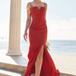 Trumpet/Mermaid V Neck Sleeveless Floor-Length Stretch Crepe Bridesmaid Dresses with Split Ryleigh DEP0025269